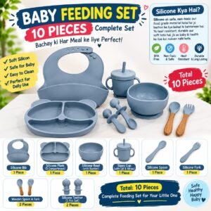 meem-19-2 Baby feeding set pieces laid out โ bowl, plate, bib, spoon and fork