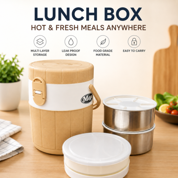 Mega Lunch Carrier Tiffin 2 Stainless Steel Bowls With Plastic Salad Bowl Random Colors - with Cash on Delivery