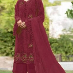 Chikankari Embroidered Cotton 3-Piece Unstitched Suit for Women - Maroon with Chiffon Dupatta - view 1