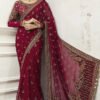 Embroidered Net Saree for Women - Maroon Festive Wear - view 1