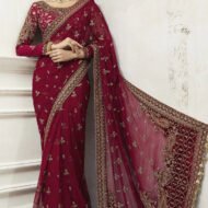 Embroidered Net Saree for Women - Maroon Festive Wear - view 1