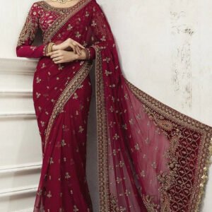 Embroidered Net Saree for Women - Maroon Festive Wear - view 1