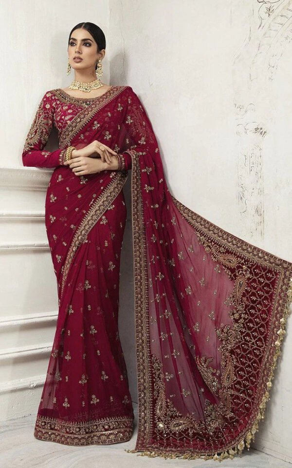Embroidered Net Saree for Women - Maroon Festive Wear - view 1