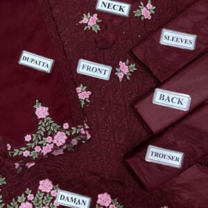 Chikankari Embroidered Cotton 3-Piece Unstitched Suit for Women - Maroon with Chiffon Dupatta - view 2