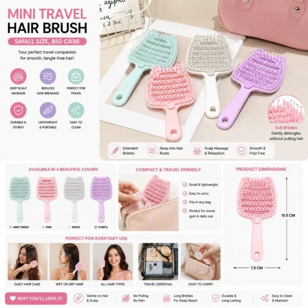 Fluffy Detangling Hair Brush – Mini Travel Brush for Smooth, Tangle-Free Hair
