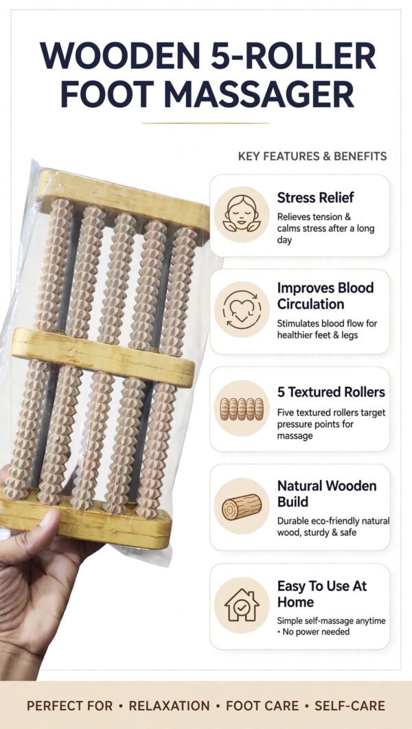 memon-footroller-features Wooden 5-Roller Foot Massager – Stress Relief Foot Massage Roller for Health & Relaxation