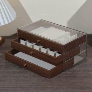 3 Layer Wooden Jewellery Box with Glass Top – Jewelry Organizer with Drawers