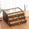 3 Layer Wooden Jewellery Box with Glass Top – Jewelry Organizer with Drawers