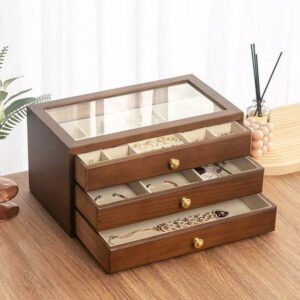3 Layer Wooden Jewellery Box with Glass Top – Jewelry Organizer with Drawers