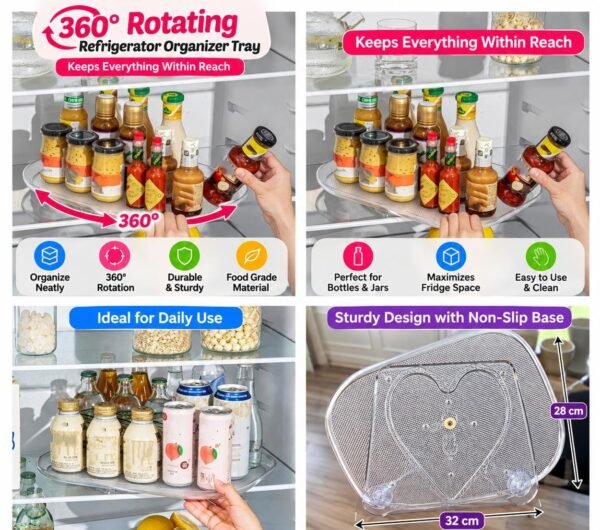 360° Rotating Refrigerator Organizer Tray – Turntable Storage for Bottles & Jars