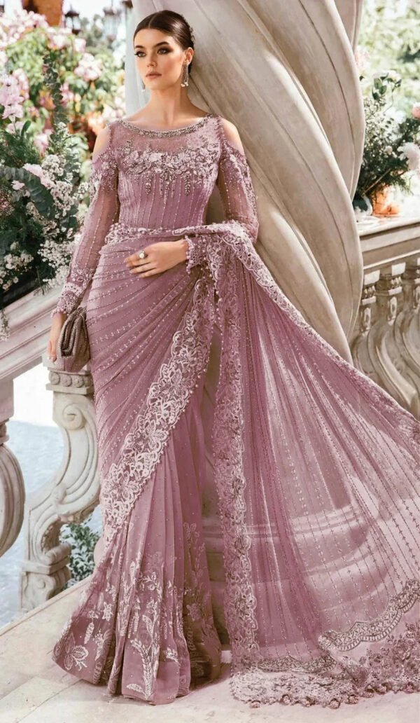 Embroidered Wedding Saree for Women - Dusty Pink - view 1