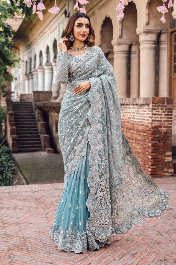 Luxury Embroidered Saree for Women - Aqua Sea Green - view 1