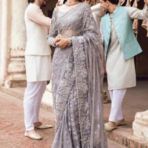 Couture Embroidered Saree for Women - Silver Grey - view 1