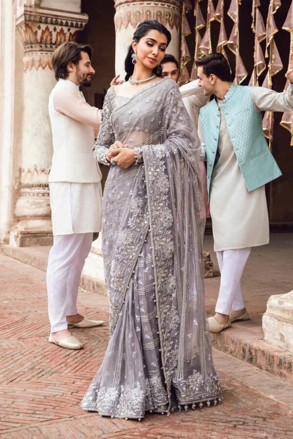 Couture Embroidered Saree for Women - Silver Grey - view 1