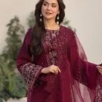Embroidered Festive 3-Piece Unstitched Suit for Women - Burgundy Maroon - view 2