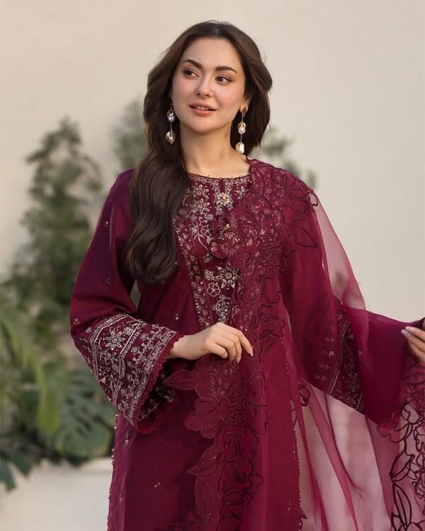 model2_b706f733-ad44-4534-9a03-892c444c94b3.jpg Embroidered Festive 3-Piece Unstitched Suit for Women - Burgundy Maroon - view 2