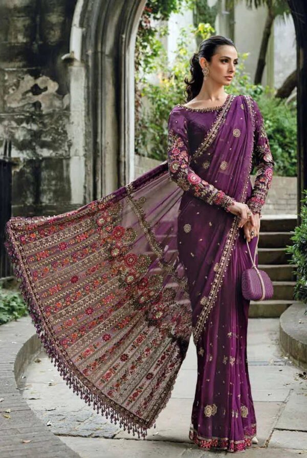 Embroidered Chiffon Saree for Women - Deep Purple with Floral Border - view 1