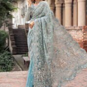 Luxury Embroidered Saree for Women - Aqua Sea Green - view 4