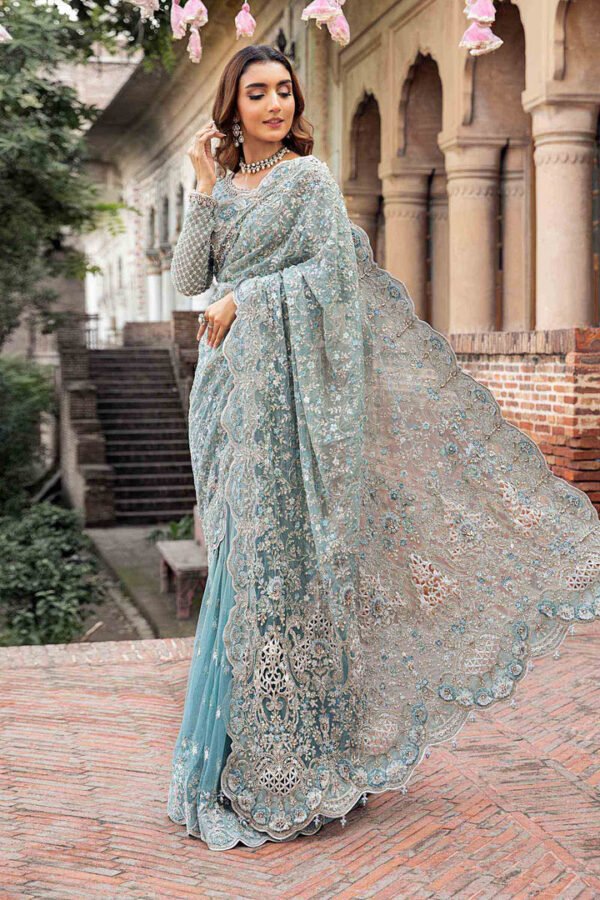 Luxury Embroidered Saree for Women - Aqua Sea Green - view 4