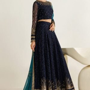 Embroidered Chiffon Maxi Dress Fabric Set for Women - Navy Blue - view 2
