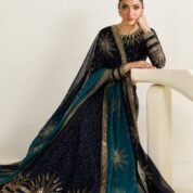 Embroidered Chiffon Maxi Dress Fabric Set for Women - Navy Blue - view 6
