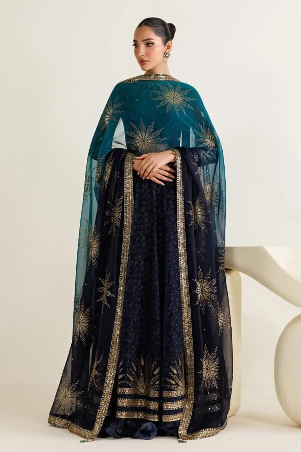 Embroidered Chiffon Maxi Dress Fabric Set for Women - Navy Blue - view 1