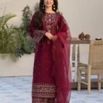 Embroidered Festive 3-Piece Unstitched Suit for Women - Burgundy Maroon - view 1