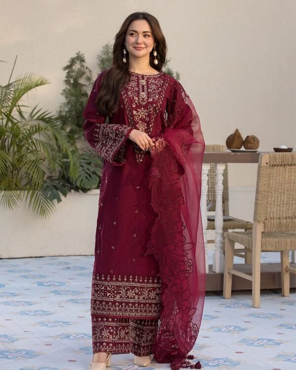 model_52a68588-2ea8-4bbb-85a0-c09359b6b1ec.jpg Embroidered Festive 3-Piece Unstitched Suit for Women - Burgundy Maroon - view 1