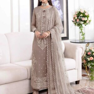 Heavily Embroidered Chiffon 3-Piece Unstitched Suit for Women - Beige Gold - view 1