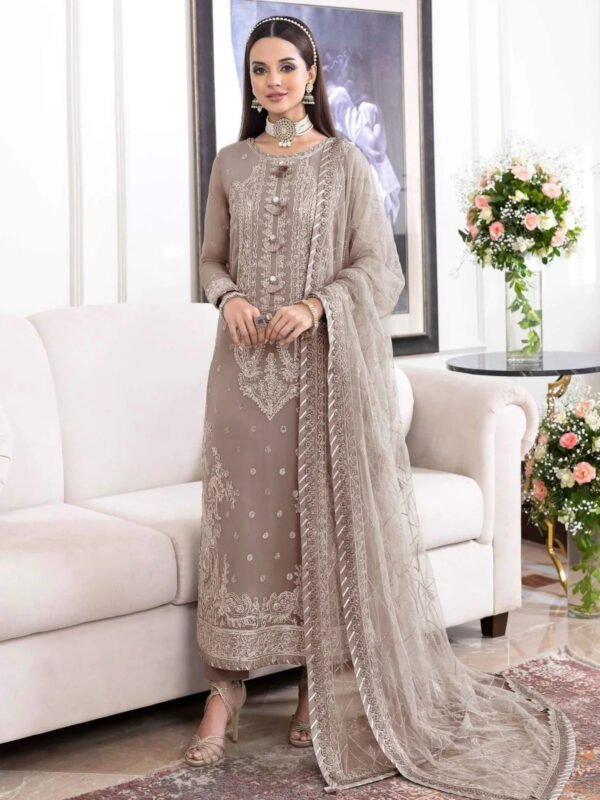 model_8b1c8b9c-89f5-4323-9dd4-191791fa6450.jpg Heavily Embroidered Chiffon 3-Piece Unstitched Suit for Women - Beige Gold - view 1