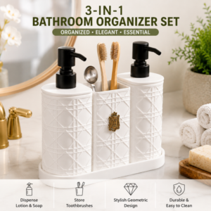 Modern Bathroom Organizer Set Upgrade your bathroom with this stylish 3 piece set featuring dual soap dispensers and a m
