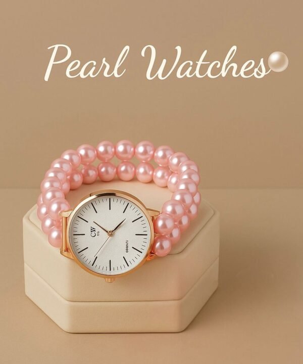 Ladies Pearl Strap Watch - Double-Layer Beaded Bracelet – front view