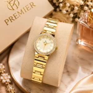 Ladies Round Crystal Bezel Wide-Link Chain Watch – front view