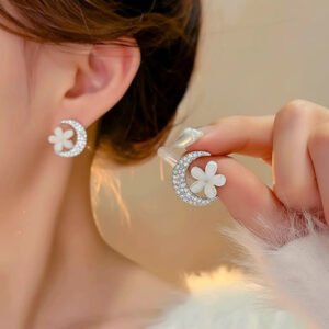Crescent Moon Flower Earrings – Crystal Studded Fashion Earrings