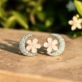 Crescent Moon Flower Earrings – Crystal Studded Fashion Earrings