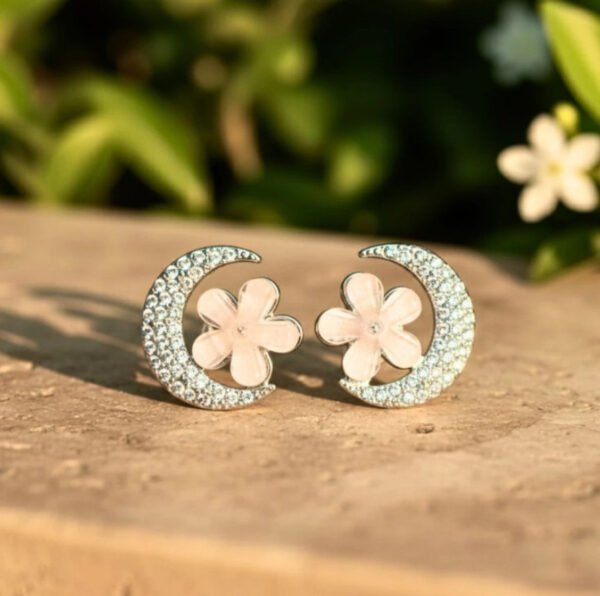 Crescent Moon Flower Earrings – Crystal Studded Fashion Earrings