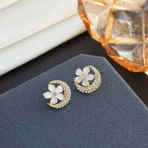Crescent Moon Flower Earrings – Crystal Studded Fashion Earrings