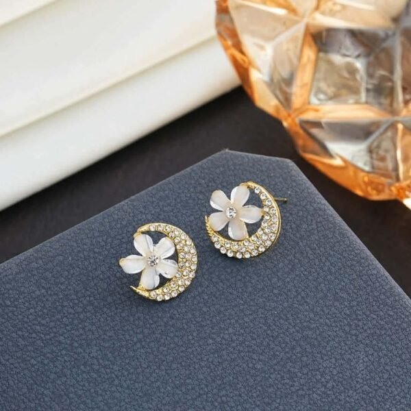 Crescent Moon Flower Earrings – Crystal Studded Fashion Earrings