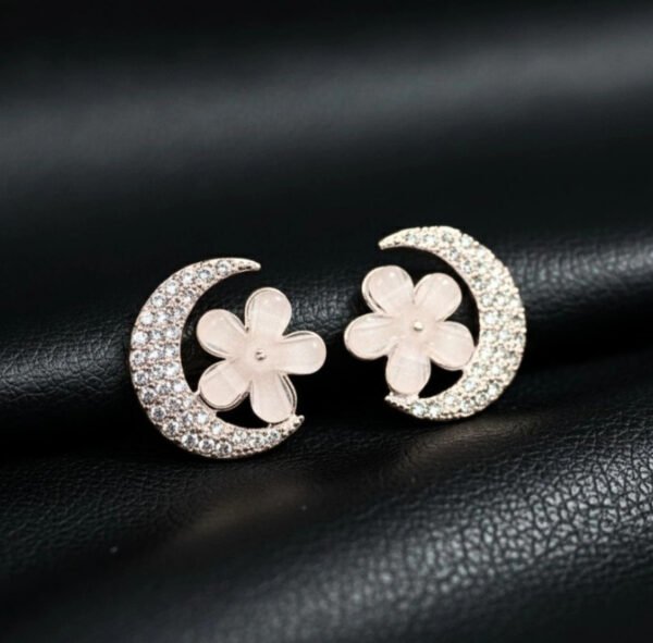 Crescent Moon Flower Earrings – Crystal Studded Fashion Earrings
