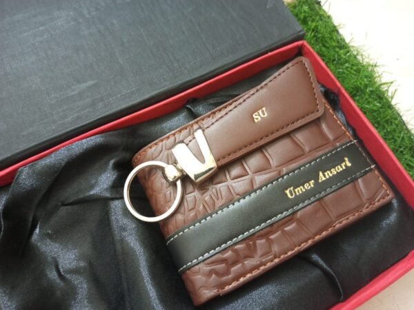 Name Engraved Wallet Keychain Brown & Black - Personalized Engraved Jewelry