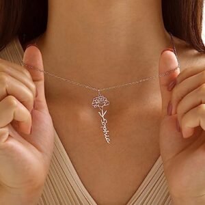 Name Birth Flower Signature Necklace - Personalized Engraved Jewelry