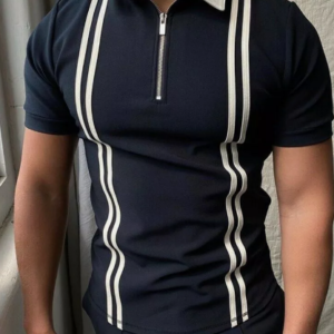Navy Blue Striped Zipper Polo For Men & Boys - Premium Fabric Quality