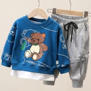 Navy Blue Teddy Printed Winter Kids Track Suit – Fleece Fabric