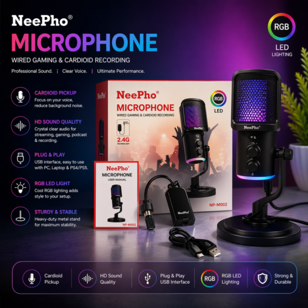 Nee Pho NP M02 Microphone Compact condenser microphone with ANC echo adjustment and RGB lighting Designed for streamers