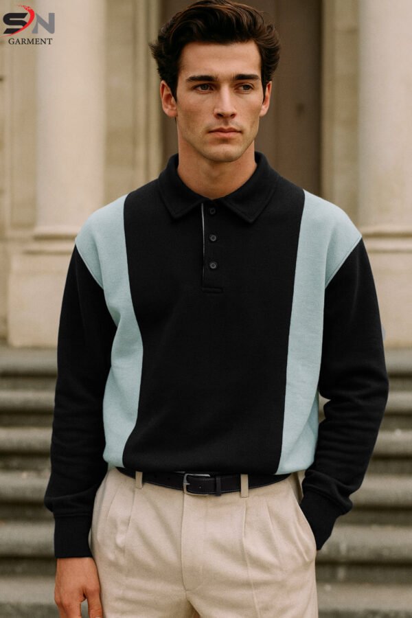 Sky & Black Old Money Panel Collar Sweat Top For Mens & Boys - for Daily Wear