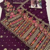 Embroidered Chiffon Saree for Women - Deep Purple with Floral Border - view 3