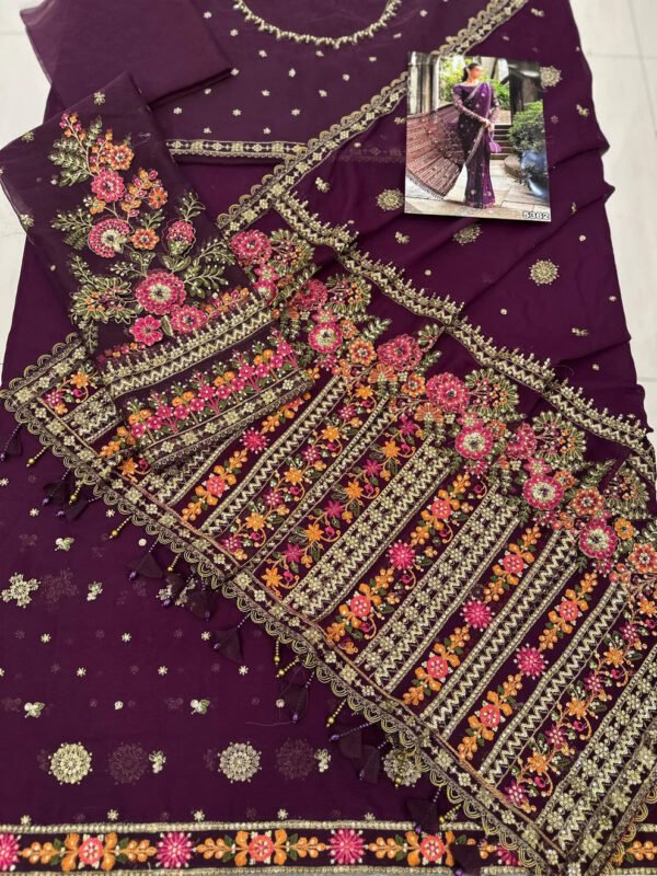 Embroidered Chiffon Saree for Women - Deep Purple with Floral Border - view 3