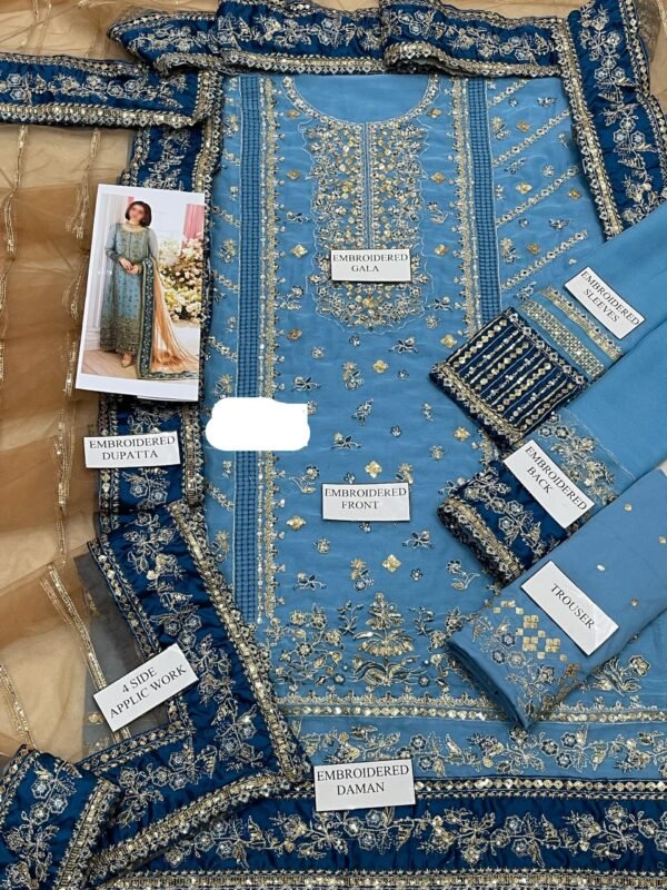 Luxury Embroidered Chiffon 3-Piece Unstitched Suit for Women - Sky Blue - view 3