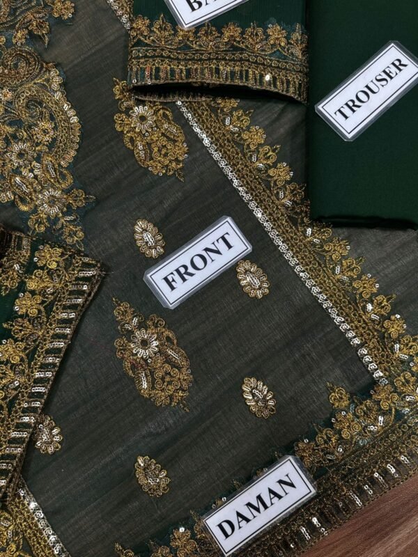 Embroidered Chiffon 3-Piece Unstitched Suit for Women - Bottle Green with Gold Work - view 5