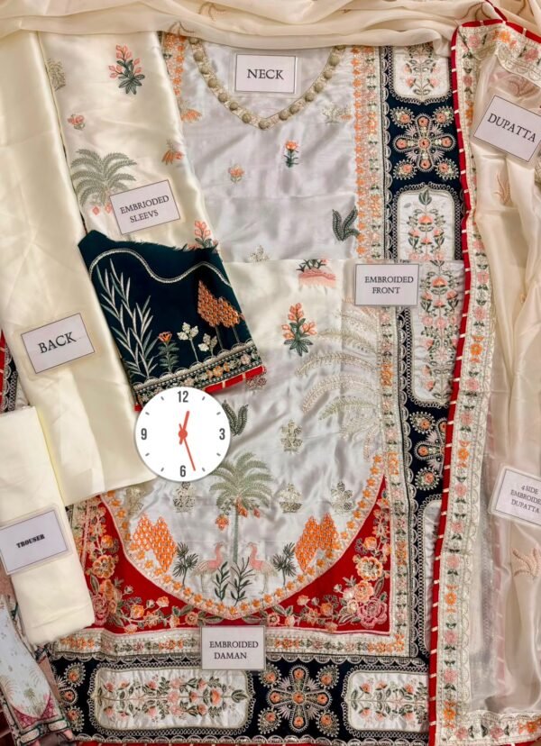 Embroidered Silk Kaftan Style Unstitched Suit for Women - Ivory Cream with Multicolor Border - view 3